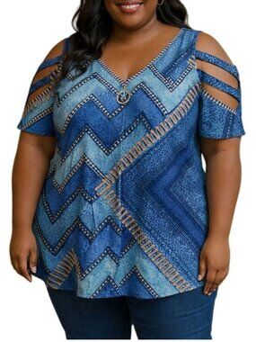 Womens Size 3XL Top Cold Shoulder Blue Denim-Print V-Neck Zipper Detail